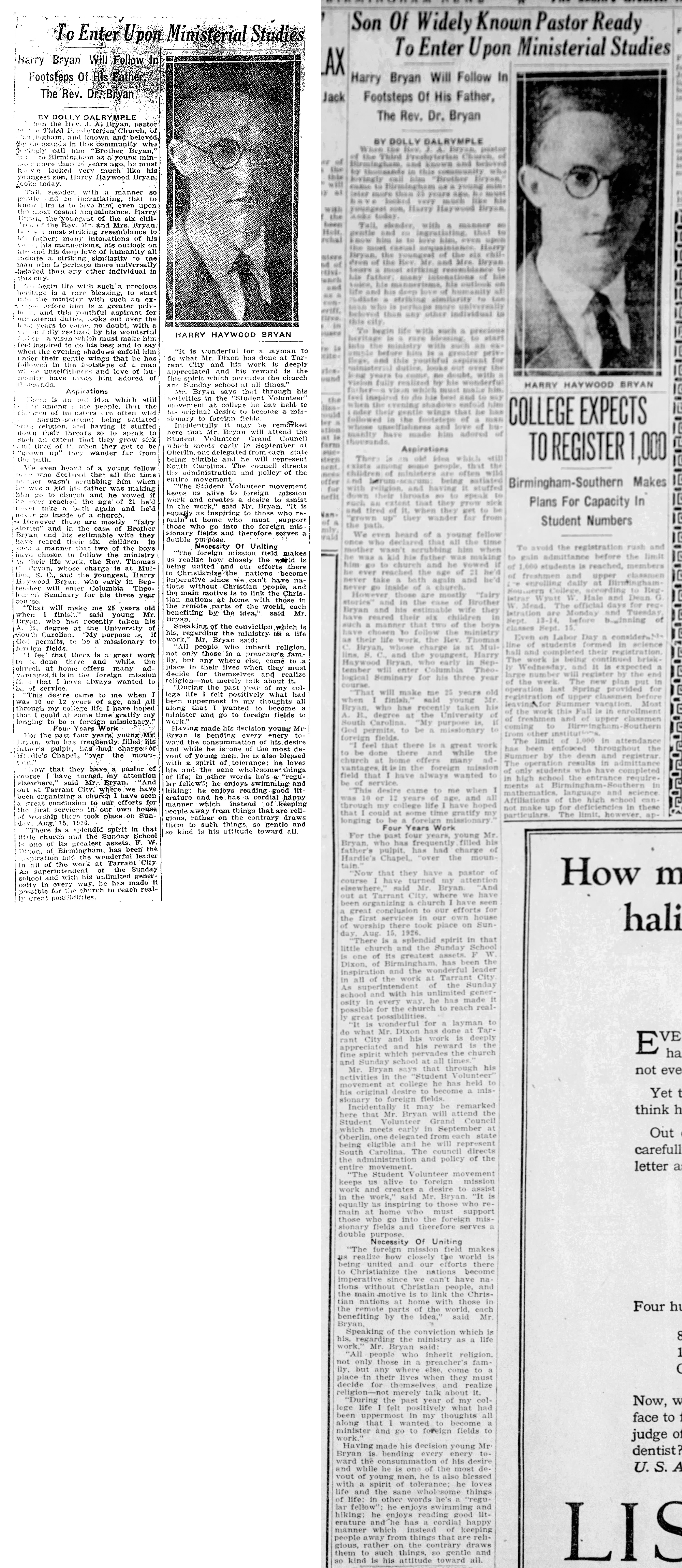 Son of Widely Known Pastor To Enter Upon Minsterial Duties (Harry Bryan)